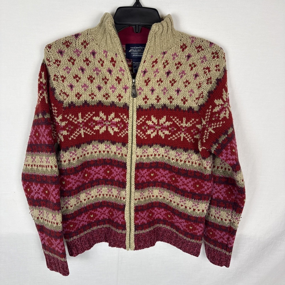Eddie Bauer Collectibles LambsWool Zip Sweater Fair Isle Nordic Womens Small VTG